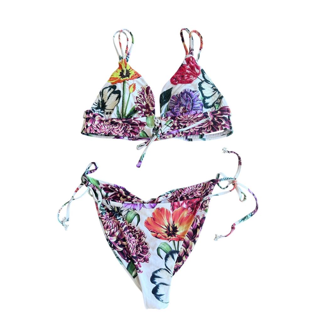 Agua Bendita Floral Embroidered Bikini Set Size L Triangle Tie Side Swimsuit - Picture 2 of 14